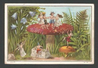 V90 - Fairies & Pixies On A Toadstool - De La Rue Series No 31 - Victorian Card