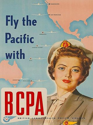 Fly The Pacific Stewardess Bcpa England Vintage Airline Travel Art Poster Print