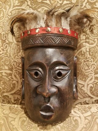 Vintage African Tribal Carved & Painted Wood Face Mask With Feathers 9 " X 6 "