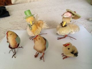 5 Vintage Chenille Rooster & Chicken Spun Cotton Hat Parasol Easter & Chicks