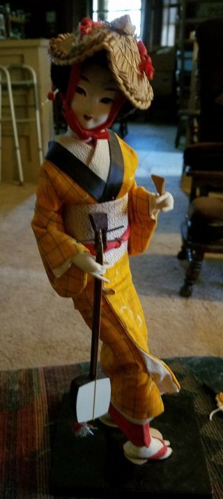 Kyugetsu Vinntage Japanese Geisha Doll With Kimono And Musical Intrament