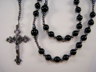 Mens Black Xxl 26,  " Rosary Necklace Black Onyx Rosario Padre Collar Masculino