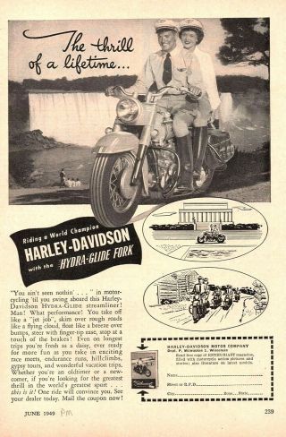 Vintage 1949 Harley Davidson Ad,  Hydra - Glide