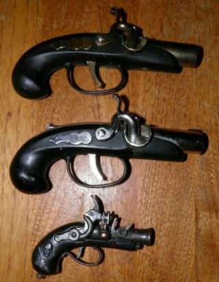 3 Vintage Table Lighters Flint Lock Tinder Pistol Muzzle Loader Gun Lighter 60s