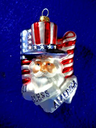 God Bless America Banner,  Uncle Sam Santa And American Flag On Back 4 3/4 " Blown