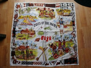 Rare Retro Scarf Isles Of The Pacific Fiji W/ Map & Drawings Hand Hemmed