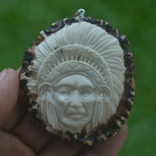 Indian Carving 67x62mm Pendant P4255 W/ Silver In Antler Burr Hand Carved
