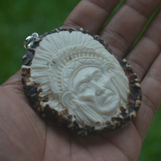 Indian Carving 67x62mm Pendant P4255 w/ Silver in Antler Burr Hand Carved 4