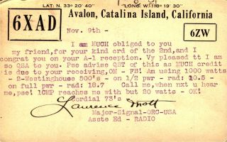 6xad Laurence Mott Catalina Island,  California 1923 Vintage Ham Radio Qsl Card