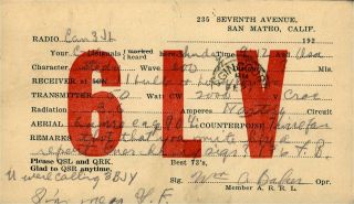 6lv W.  A.  Baker San Mateo,  California 1923 Vintage Ham Radio Qsl Card