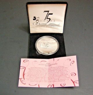 Disney 75 Years Of Love & Laughter.  999 Fine Silver 5 Troy Oz Medallion W/coa