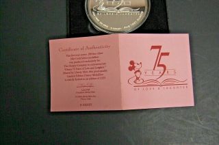 Disney 75 YEARS OF LOVE & LAUGHTER.  999 Fine Silver 5 Troy oz Medallion w/coa 5