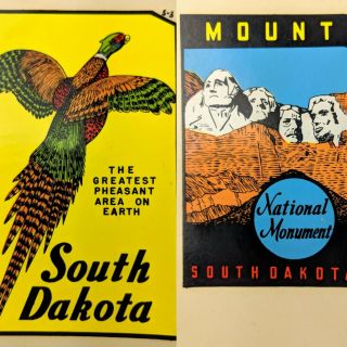 2 Vintage 60s Lindgren Turner Decals South Dakota Pheasant Hunting & Mt Rushmore