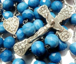 Antique Blue Quarts Beads Rosary With Silver Crucifix & Medal