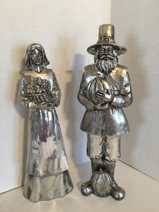 Thanksgiving Pilgrim Couple 2 - Pc Set Silver Color Figurine Height 13.  5 Inch