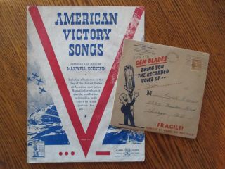 Vintage Wwii Voices Of Victory Phonograph Record & American Victory Songs Sheet