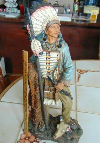 Large Indian Statue Figure Head Dress Feathered Spear & More 17 "