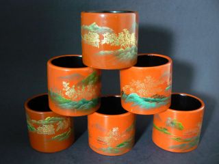 Set Of 6 Wooden Hand Painted Napkin Rings (e4)
