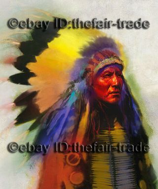 Man Portrait Local Chief Leader Usa Native American Indian Wild West Painting