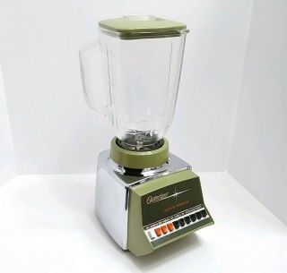 Vtg Osterizer 9 Speed Blender Avocado Green Chrome Mid Century Modern Glass Jar
