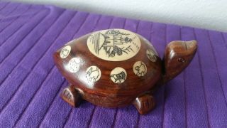 Vintage Hand Carved Wood Turtle Compass Chinese Zodiac Feng Shui Inlaid