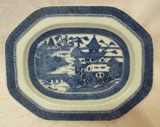 Antique Cantonese Chinese Export Dinner Platter Tray Blue White Design