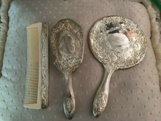 Silver - Plated Vanity Set Brush,  Comb,  And Mirror