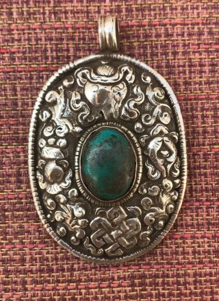 Tibetan - Style Pendant Silver Turquoise Stone And Zodiac Animal Carvings