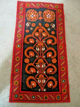 Indian Textile Heavily Embroidered Wall Hanging Red Orange Black Mirrors