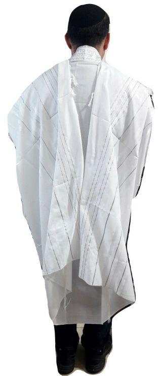 Kosher White Tallit Talis Prayer Shawl Acrylic 47 " X66 " Made Israel Silver Stripe