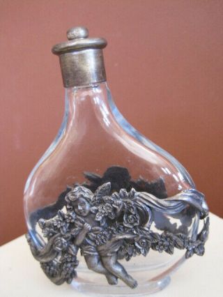 Antique Ornate Pewter Cherub Angel Holy Water Bottle