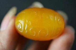 Tibetan Natural Yellow Agate Hand Carved Fret Totem Dzi Bead J41