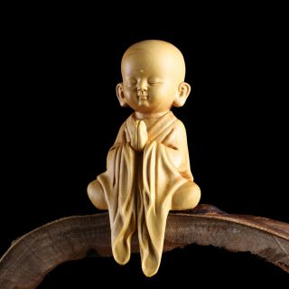 Jp101 - 12.  8 6.  2 4.  2 Cm Stunning Boxwood Carving: Little Monk Za - Zen