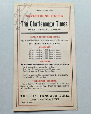 Vintage 1909 The Chattanooga Times Newspaper Advertising Rates Sheet 5118