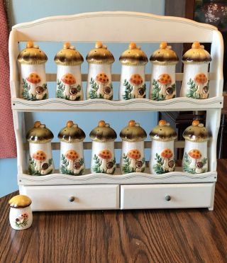 Vintage Sears & Roebuck Merry Mushroom Spice Rack With 12 Spice Jars