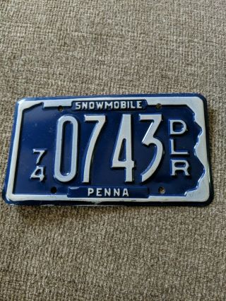 1974 Snowmobile Dealer Pennsylvania License Plate Dlr 74 Pa 0743