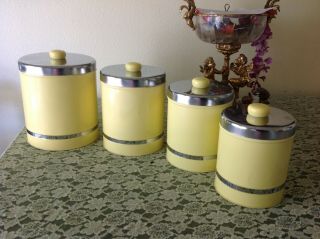 Set 4 Vintage Antique Art Deco Yellow Chrome Tin Metal Canisters Kitchen Decor