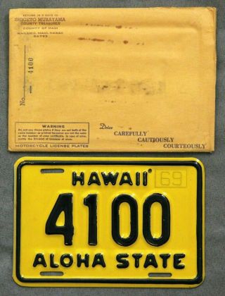 Hawaii.  1969.  Motorcycle License Plate.  With Envelope.