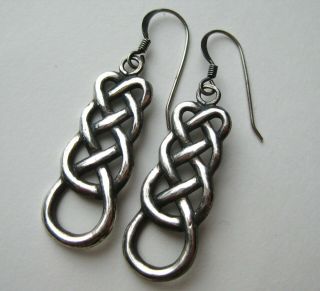 Fine Vintage Sterling Silver Celtic Knot Drop Dangle Pierced Hook Earrings