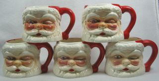 Vintage Set Of 5 Santa Claus Mugs Cups Winking Blue Rhinestone Eyes Japan