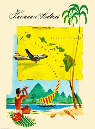 Hawaii Hawaiian Airlines Map United States America Travel Advertisement Poster