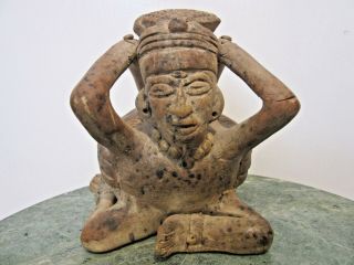 Pre Columbian Terracotta Pottery Statue Vase Figure With Bowl Seated