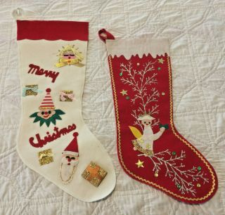 2 Vintage Felt Christmas Stockings Glitter Made In Japan