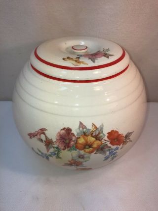 Vtg 1930 - 40’s Round Ball Pottery Art Red Ring Flower Decal Cookie Jar Canister