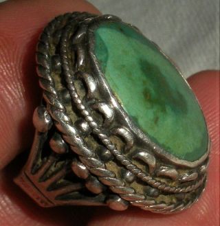 Antique C.  1920 - 30s Navajo Coin Silver Green Turquoise Ring Very Detailed Vafo