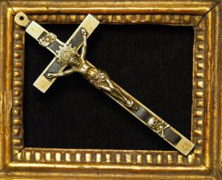 Antique Silvered Nuns Skull & Cross Bones Crucifix With A Ebony Wood Inlay 5.  28 "