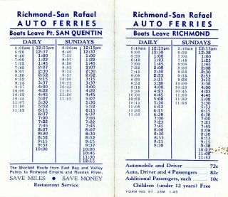 , Richmond - San Rafael Auto Ferries,  Passenger Time Table,  January,  1945