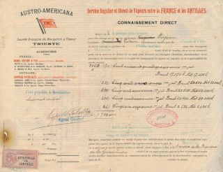 Guadeloupe 1913,  Austro - Americana Co,  Bill Of Lading To France W Revenue B213