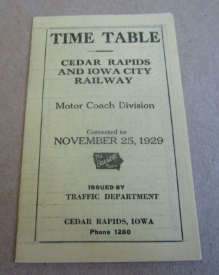 Old 1929 Cedar Rapids Iowa City Railway - Motor Coach Division - Bus Time Table