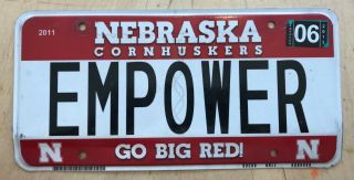 Nebraska Cornhuskers Univ Red Vanity License Plate " Empower " Strong Huskers